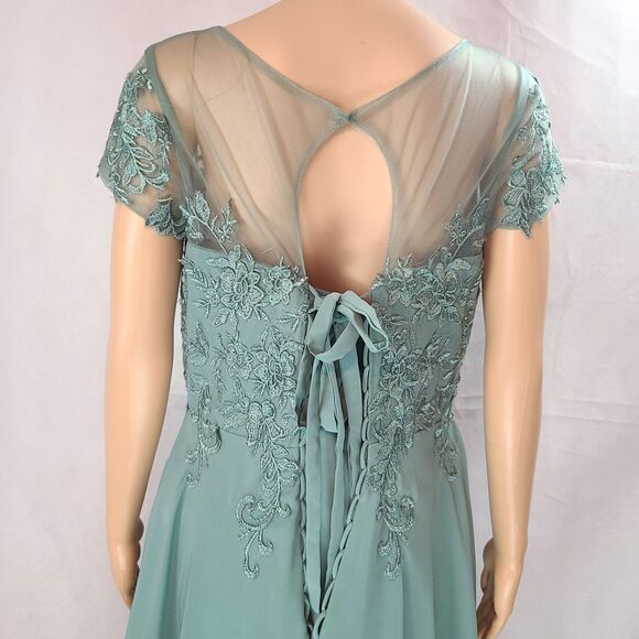 New Mother of the Bride (12) Dusty Sage Green Illusion Lace Chiffon Hi-Lo Dress - Picture 6 of 9